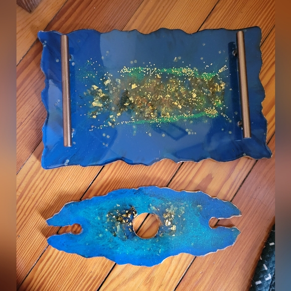Blue gold custom resin tray coaster and wine glass holder set bundle - Picture 2 of 11